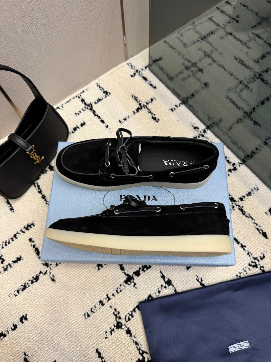 PRADA 26S LOAFERS IN BLACK SUEDE WITH RUBBER SOLE