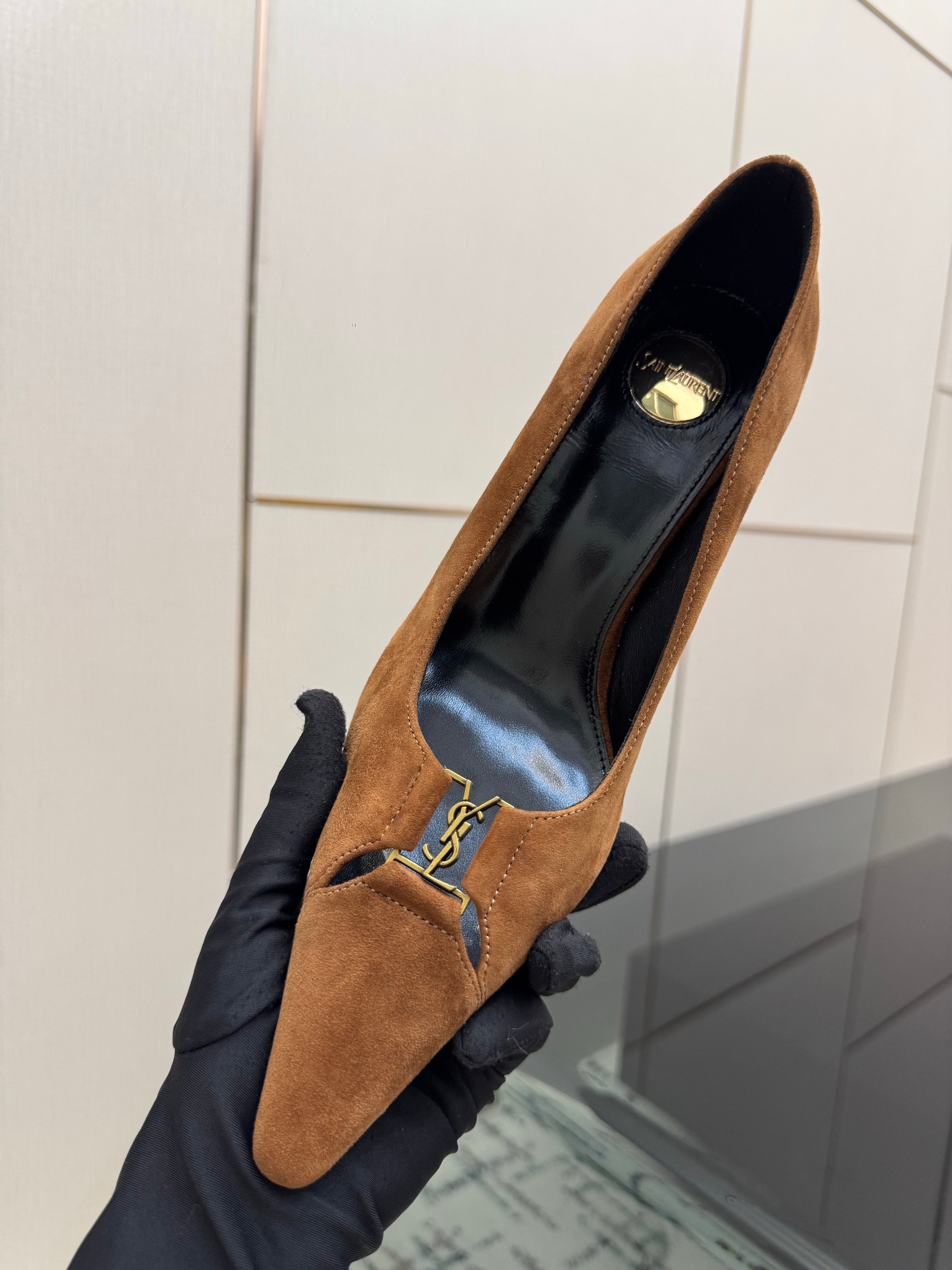 YSL 26S POINTED TOE PUMPS 75 MM IN BROWN SUEDE
