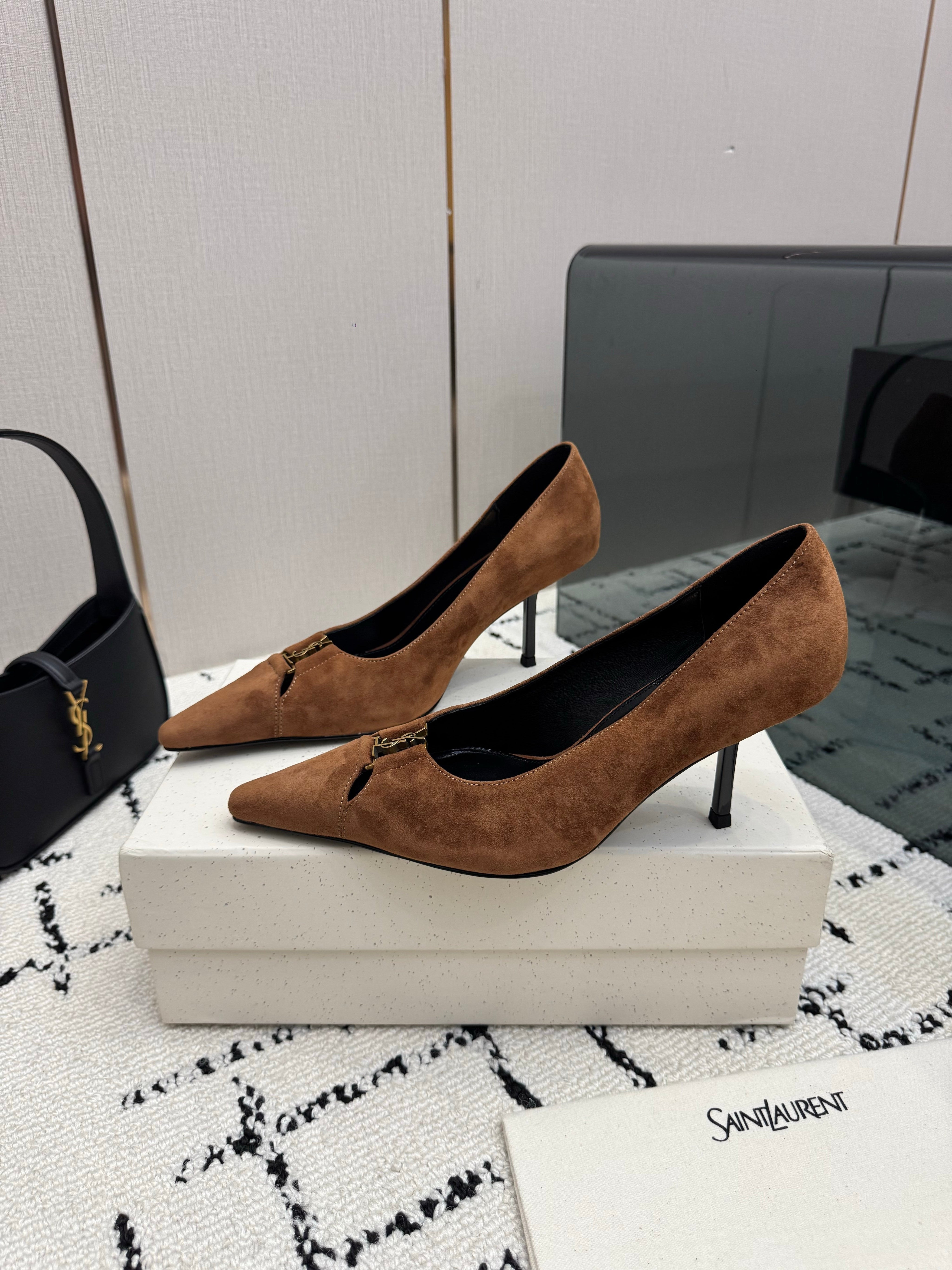 YSL 26S POINTED TOE PUMPS 75 MM IN BROWN SUEDE