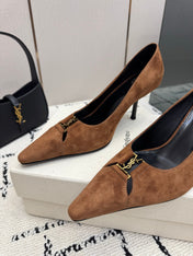 YSL 26S POINTED TOE PUMPS 75 MM IN BROWN SUEDE