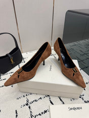 YSL 26S POINTED TOE PUMPS 75 MM IN BROWN SUEDE