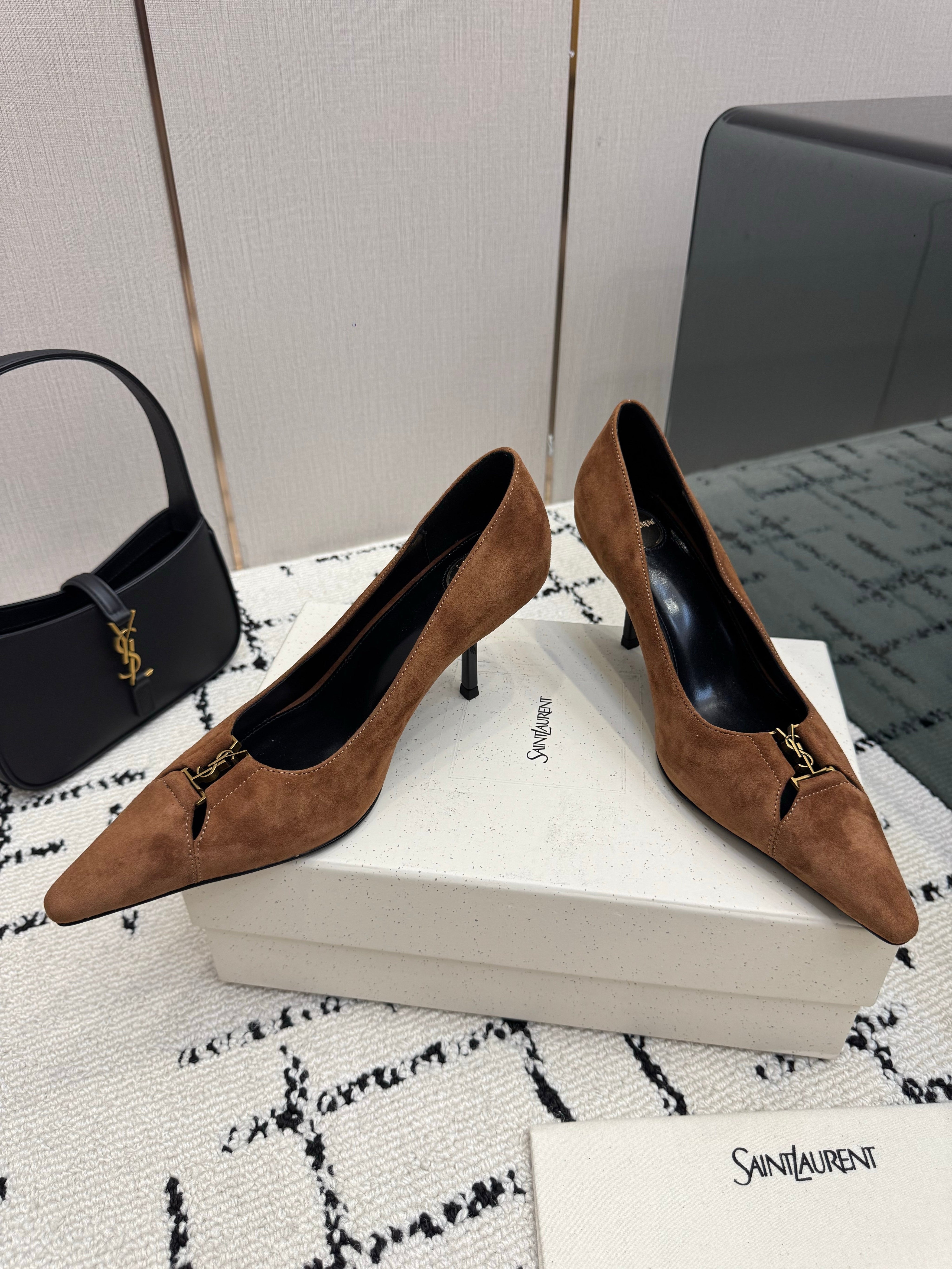 YSL 26S POINTED TOE PUMPS 75 MM IN BROWN SUEDE