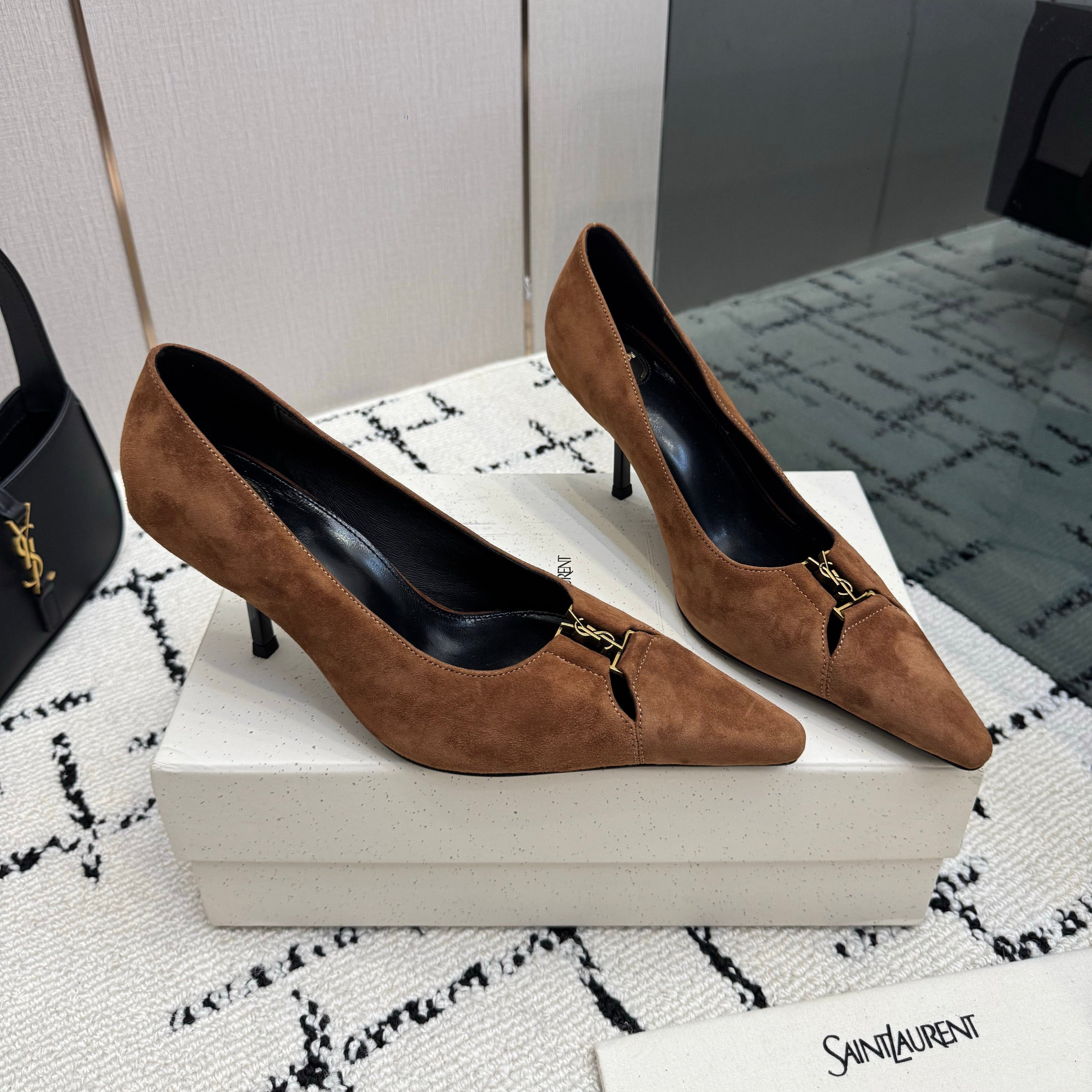 YSL 26S POINTED TOE PUMPS 75 MM IN BROWN SUEDE