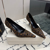 YSL 26S POINTED TOE PUMPS 75 MM IN LEOPARD PRINT SATIN