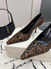 YSL 26S POINTED TOE PUMPS 75 MM IN LEOPARD PRINT SATIN