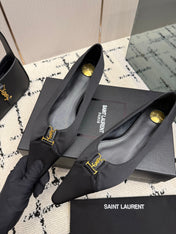 YSL 26S POINTED TOE FLATS IN BLACK SATIN WITH YSL LOGO HARDWARE