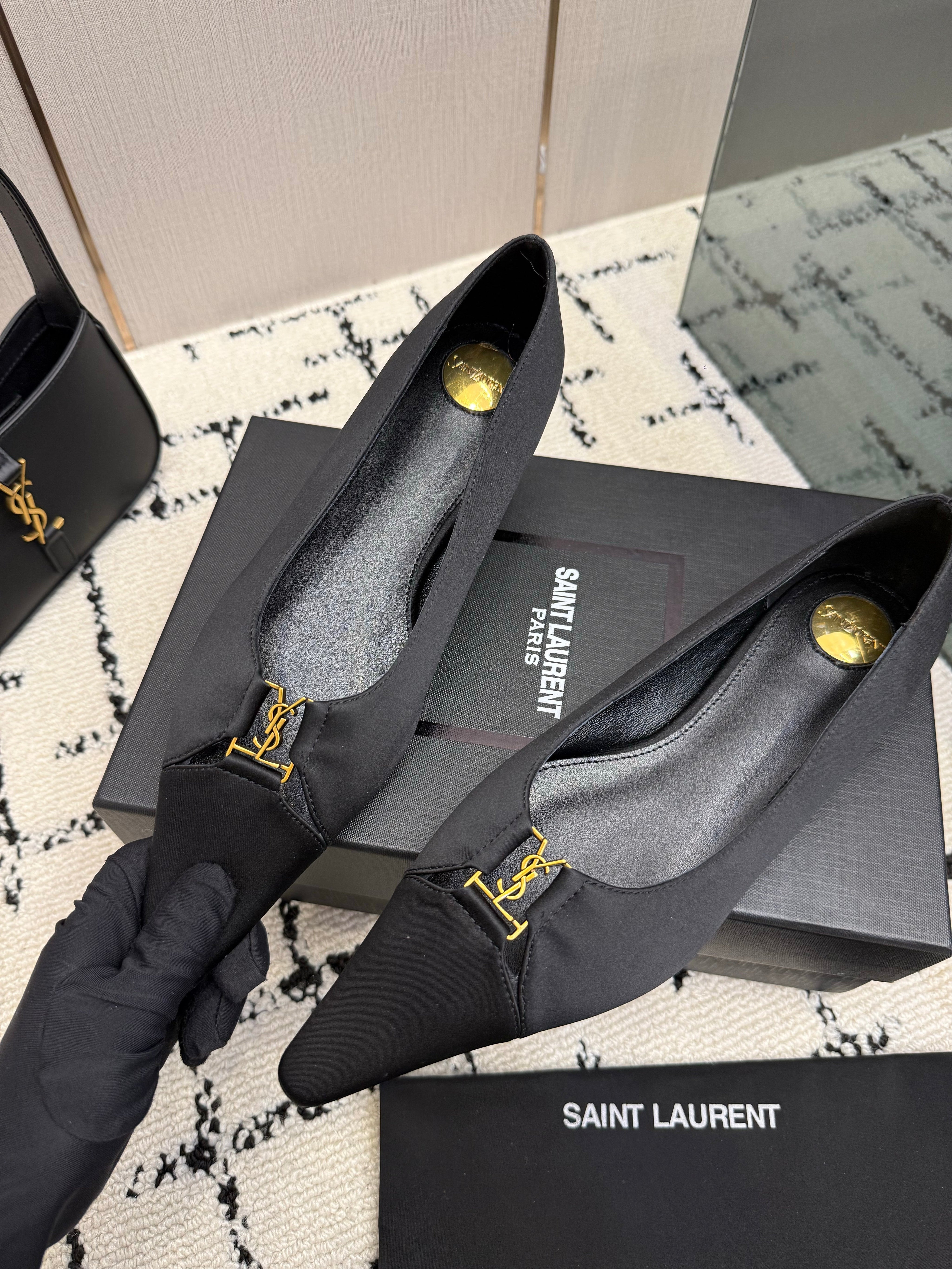 YSL 26S POINTED TOE FLATS IN BLACK SATIN WITH YSL LOGO HARDWARE