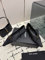 YSL 26S POINTED TOE FLATS IN BLACK SATIN WITH YSL LOGO HARDWARE