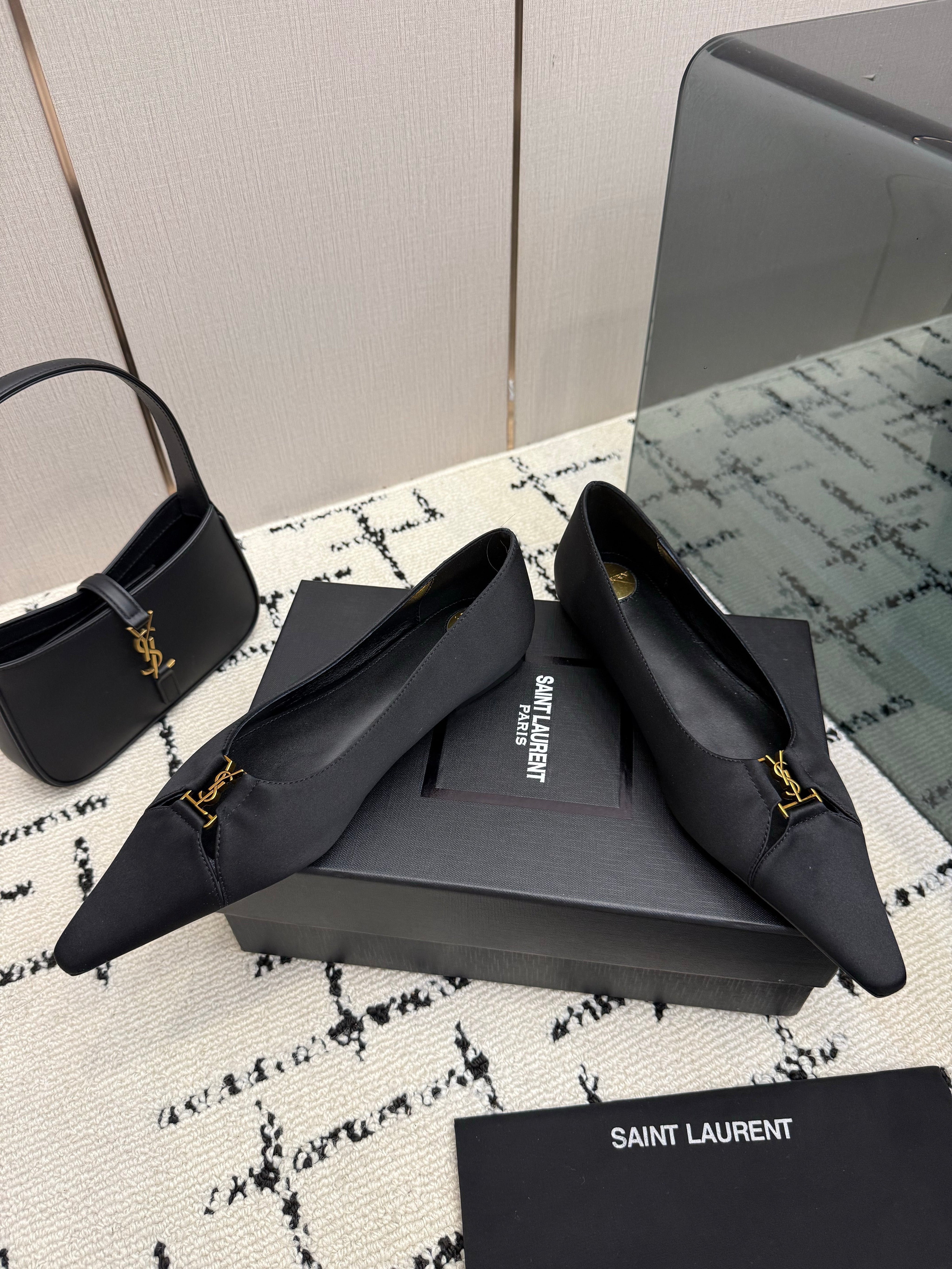 YSL 26S POINTED TOE FLATS IN BLACK SATIN WITH YSL LOGO HARDWARE