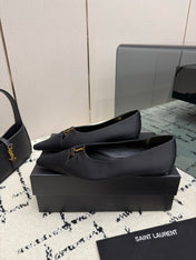YSL 26S POINTED TOE FLATS IN BLACK SATIN WITH YSL LOGO HARDWARE