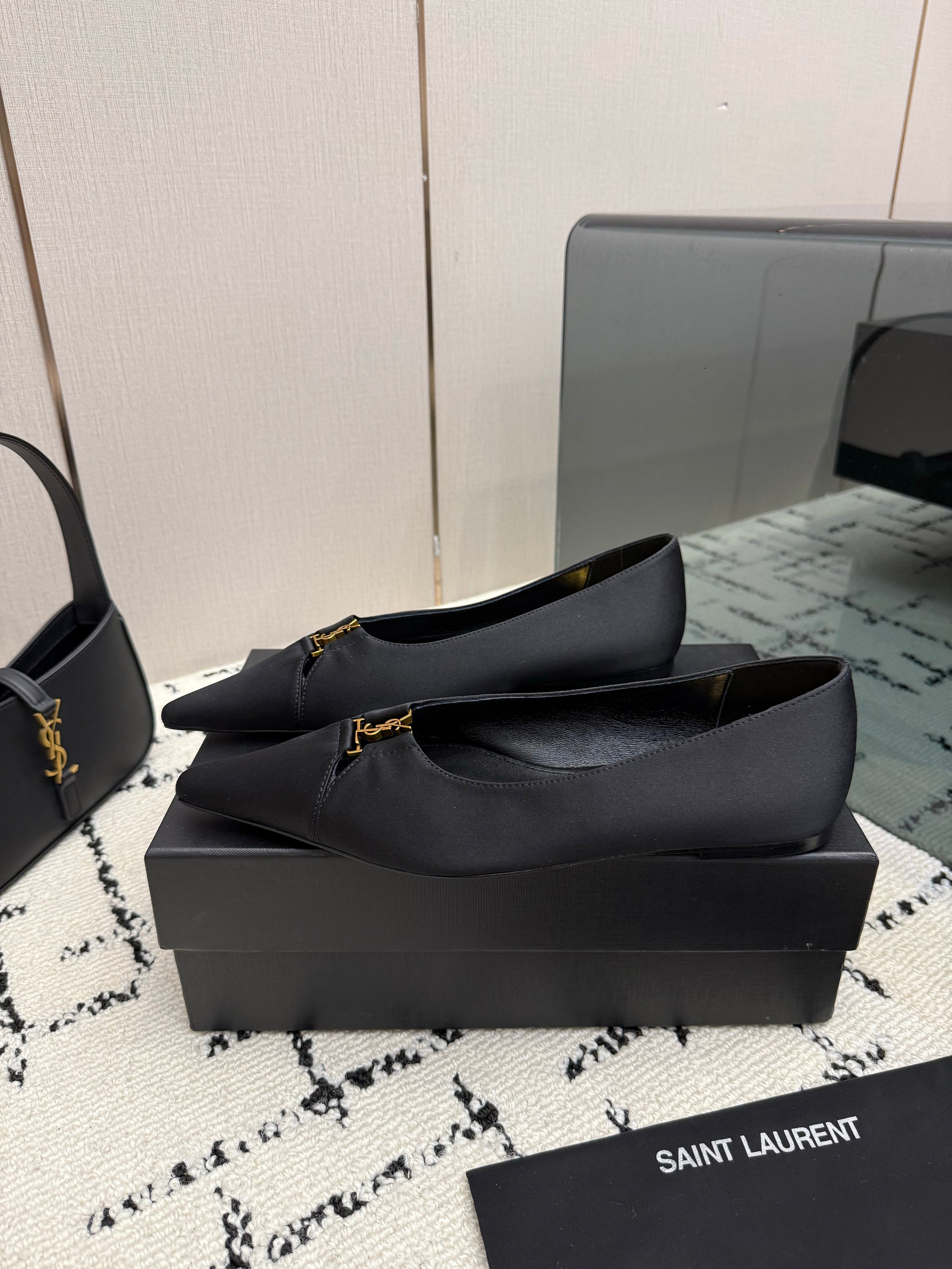 YSL 26S POINTED TOE FLATS IN BLACK SATIN WITH YSL LOGO HARDWARE
