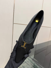 YSL 26S POINTED TOE FLATS IN BLACK SATIN WITH YSL LOGO HARDWARE