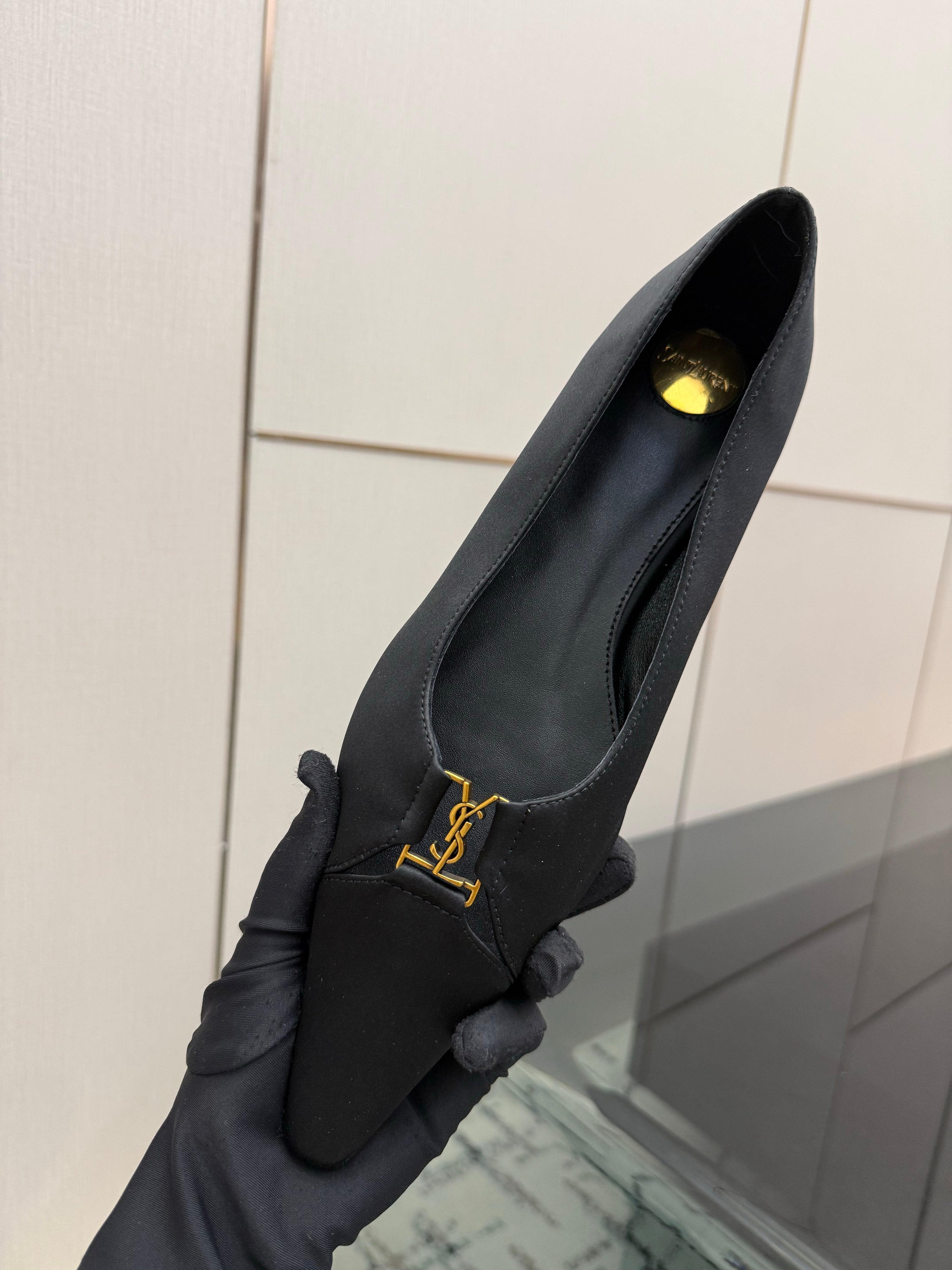 YSL 26S POINTED TOE FLATS IN BLACK SATIN WITH YSL LOGO HARDWARE