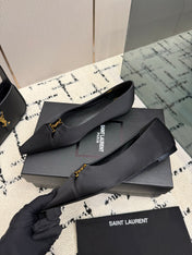 YSL 26S POINTED TOE FLATS IN BLACK SATIN WITH YSL LOGO HARDWARE