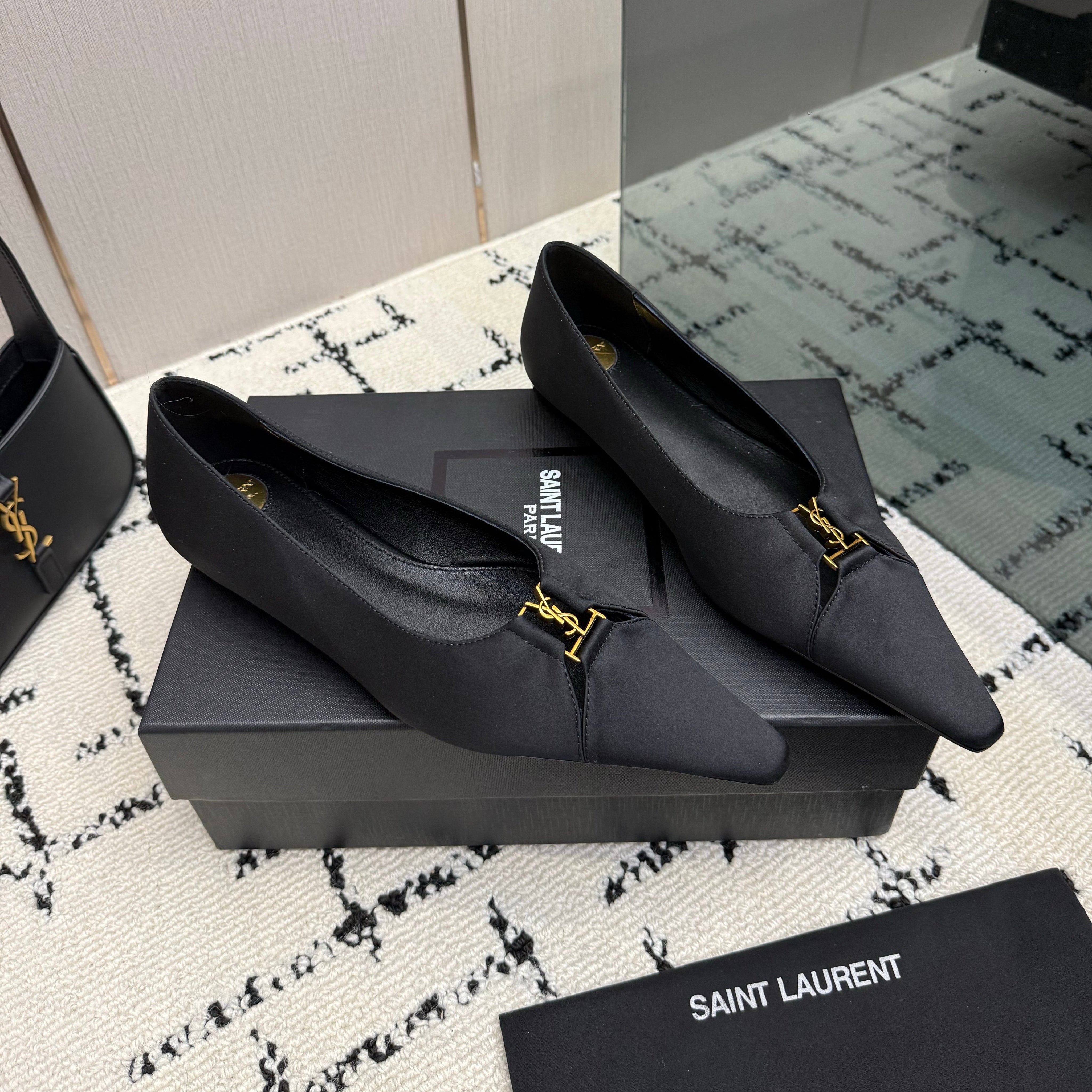 YSL 26S POINTED TOE FLATS IN BLACK SATIN WITH YSL LOGO HARDWARE