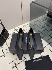 YSL 26S POINTED TOE FLATS IN BLACK SATIN WITH YSL LOGO HARDWARE