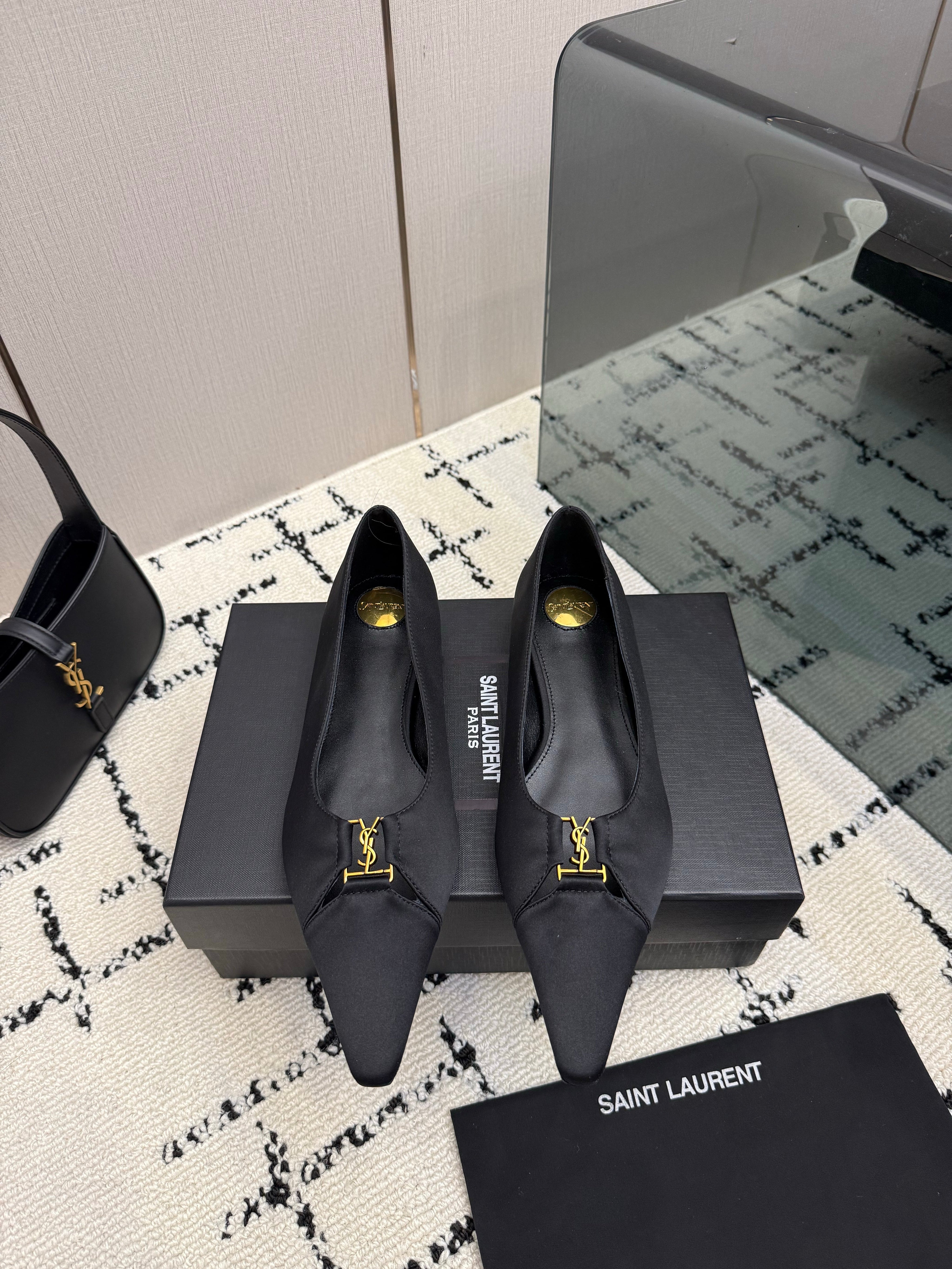 YSL 26S POINTED TOE FLATS IN BLACK SATIN WITH YSL LOGO HARDWARE