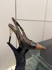 YSL 26S POINTED TOE SLINGBACK PUMPS 100 MM IN BLACK AND BROWN SNAKE EMBOSSED LEATHER