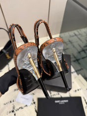 YSL 26S POINTED TOE SLINGBACK PUMPS 100 MM IN BLACK AND BROWN SNAKE EMBOSSED LEATHER