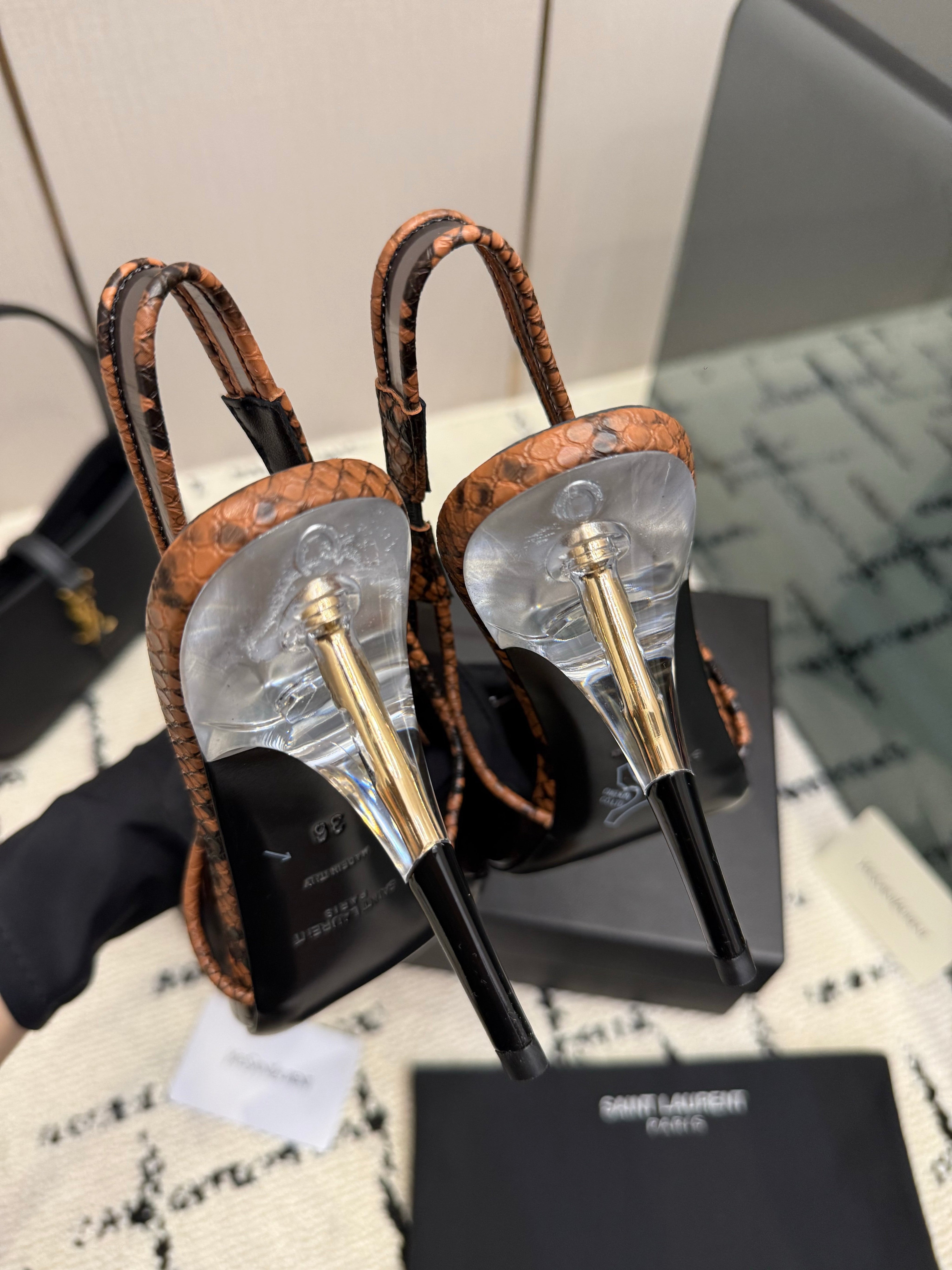 YSL 26S POINTED TOE SLINGBACK PUMPS 100 MM IN BLACK AND BROWN SNAKE EMBOSSED LEATHER