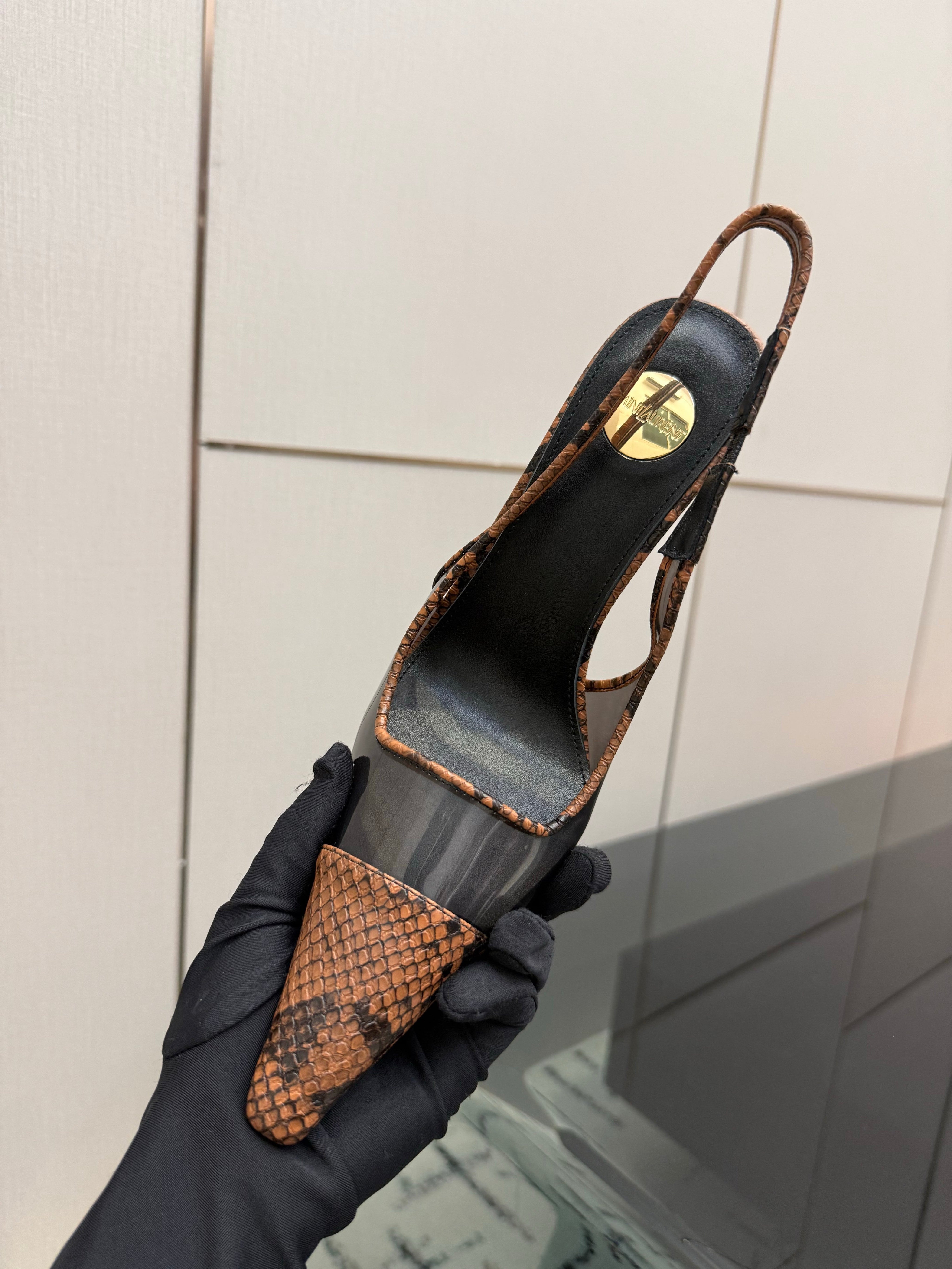 YSL 26S POINTED TOE SLINGBACK PUMPS 100 MM IN BLACK AND BROWN SNAKE EMBOSSED LEATHER