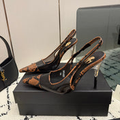 YSL 26S POINTED TOE SLINGBACK PUMPS 100 MM IN BLACK AND BROWN SNAKE EMBOSSED LEATHER