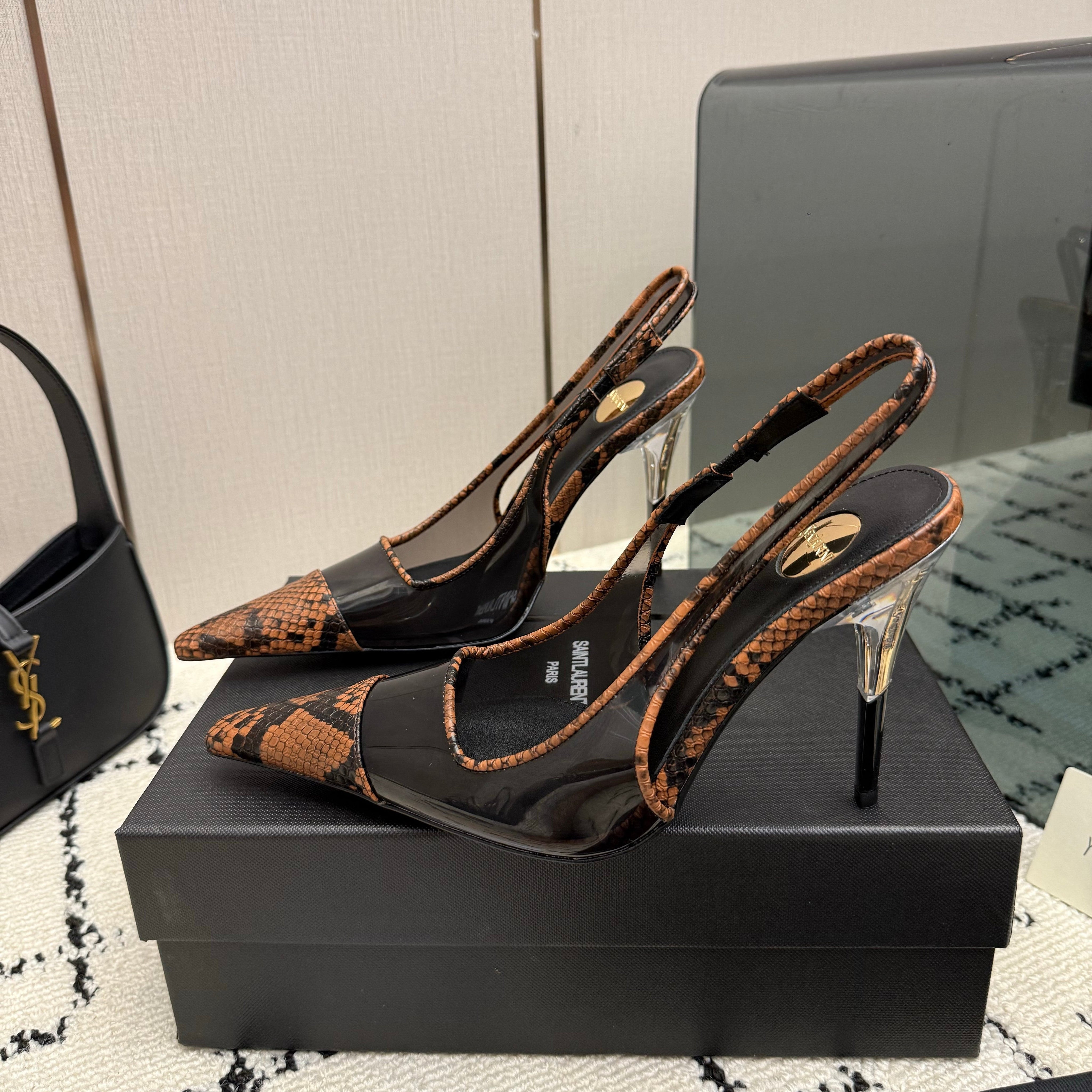 YSL 26S POINTED TOE SLINGBACK PUMPS 100 MM IN BLACK AND BROWN SNAKE EMBOSSED LEATHER