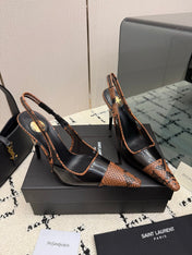 YSL 26S POINTED TOE SLINGBACK PUMPS 100 MM IN BLACK AND BROWN SNAKE EMBOSSED LEATHER