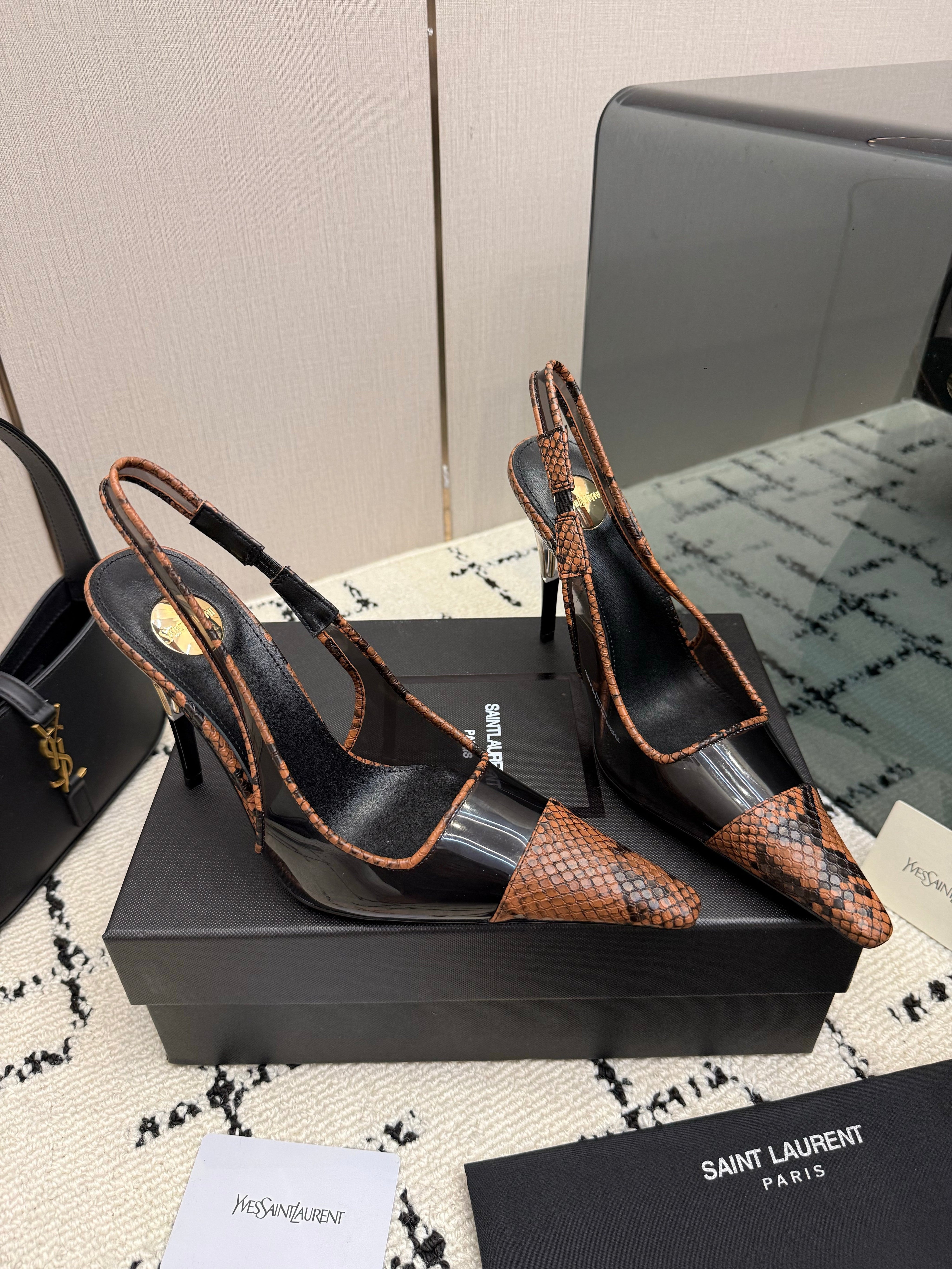 YSL 26S POINTED TOE SLINGBACK PUMPS 100 MM IN BLACK AND BROWN SNAKE EMBOSSED LEATHER
