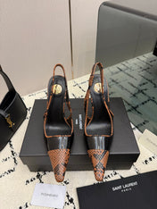 YSL 26S POINTED TOE SLINGBACK PUMPS 100 MM IN BLACK AND BROWN SNAKE EMBOSSED LEATHER