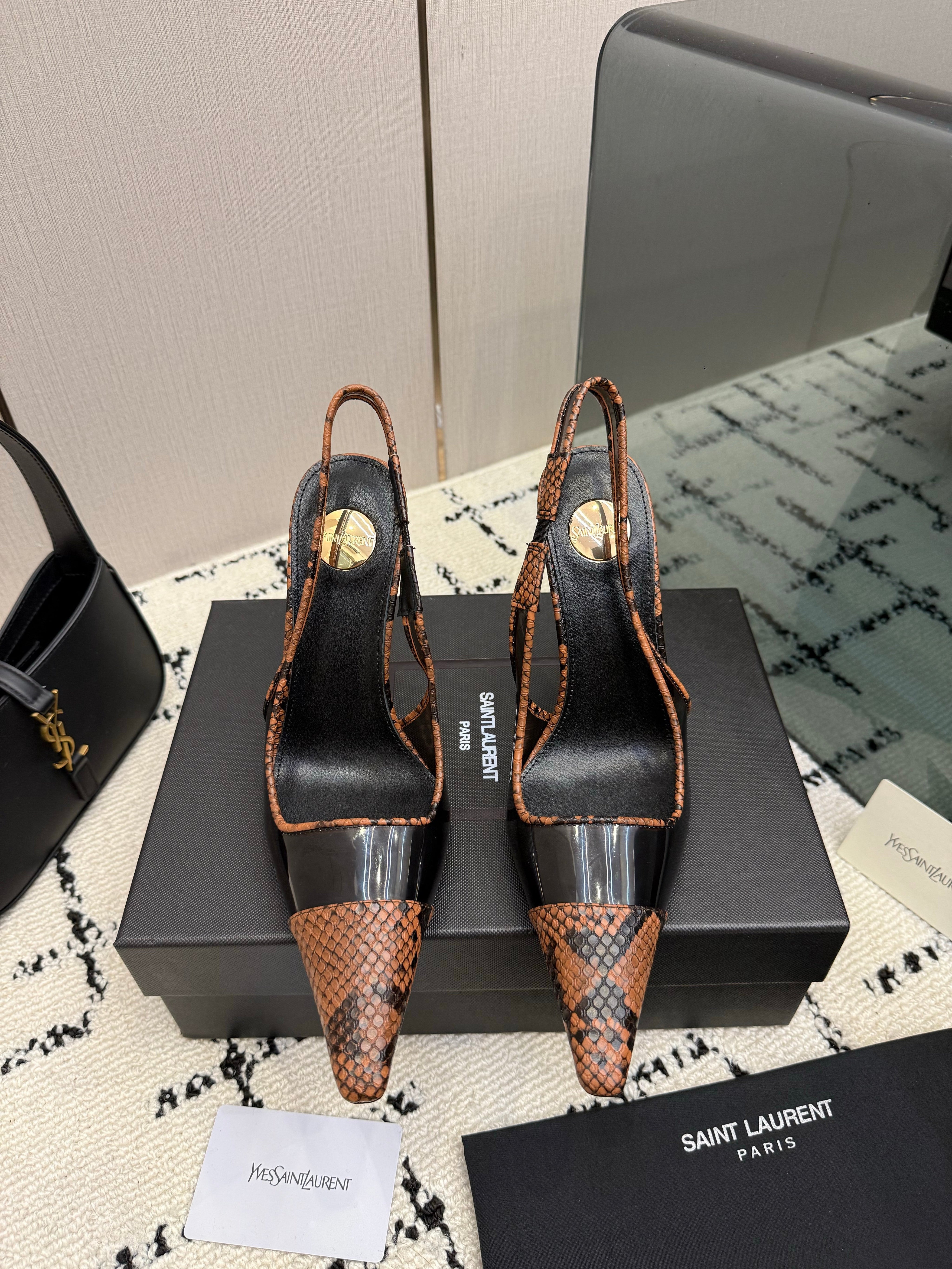 YSL 26S POINTED TOE SLINGBACK PUMPS 100 MM IN BLACK AND BROWN SNAKE EMBOSSED LEATHER