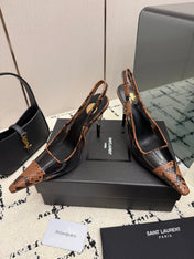 YSL 26S POINTED TOE SLINGBACK PUMPS 100 MM IN BLACK AND BROWN SNAKE EMBOSSED LEATHER