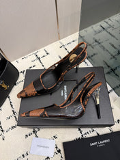 YSL 26S POINTED TOE SLINGBACK PUMPS 100 MM IN BLACK AND BROWN SNAKE EMBOSSED LEATHER