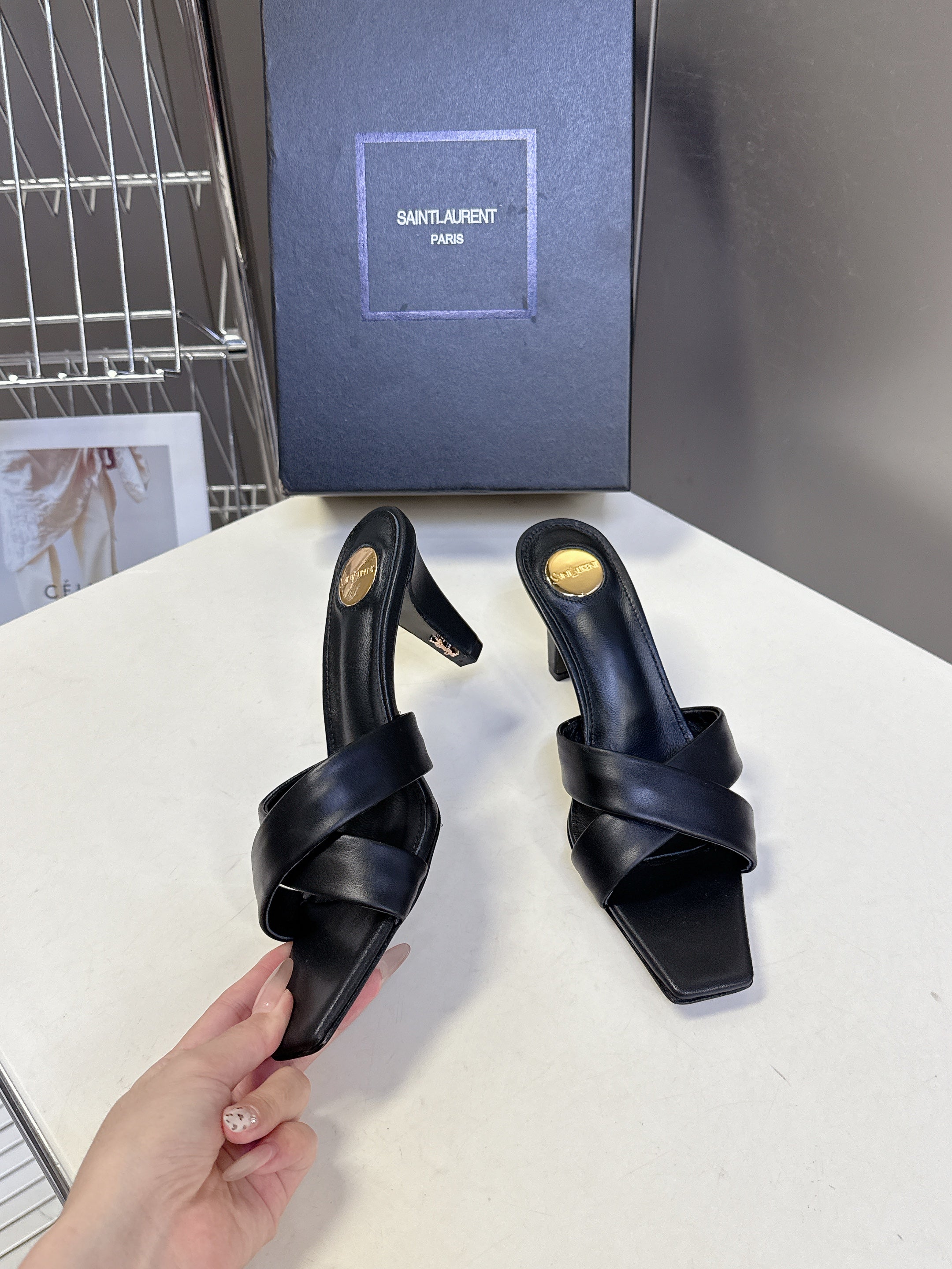 YSL 25S JILL MULES 75MM IN BLACK SMOOTH CALFSKIN