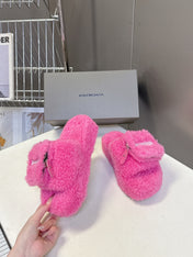 BALENCIAGA 25S SLIPPERS IN PINK FAUX SHEARLING