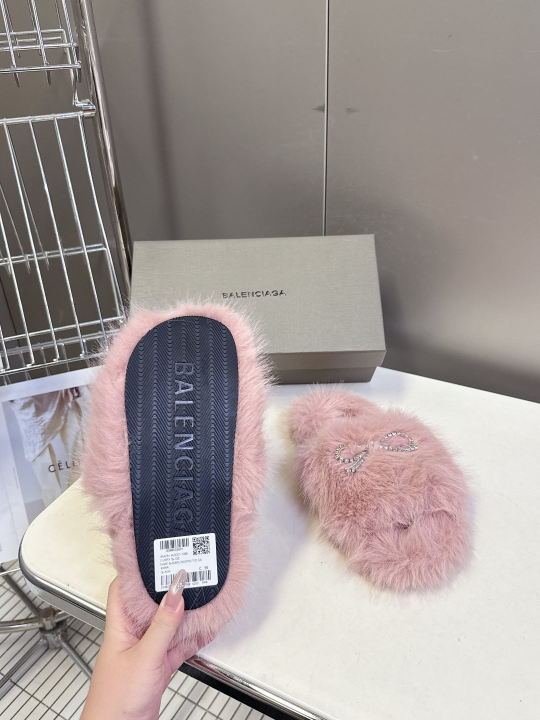 BALENCIAGA 25S SOFT FUR SLIPPERS IN LIGHT PINK FUR WITH RHINESTONE BOW