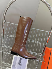 HM 25S POINTED-TOE KNEE-HIGH BOOTS IN BROWN GLOSSY LAMBSKIN