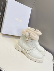 DIORALPS ANKLE BOOTS 25S IN WHITE LAMBSKIN AND BEIGE WOOL WITH GOLD HARDWARE