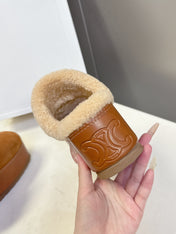 CELINE 26S WEDGE MULES IN ORANGE BROWN SUEDE AND BEIGE WOOL