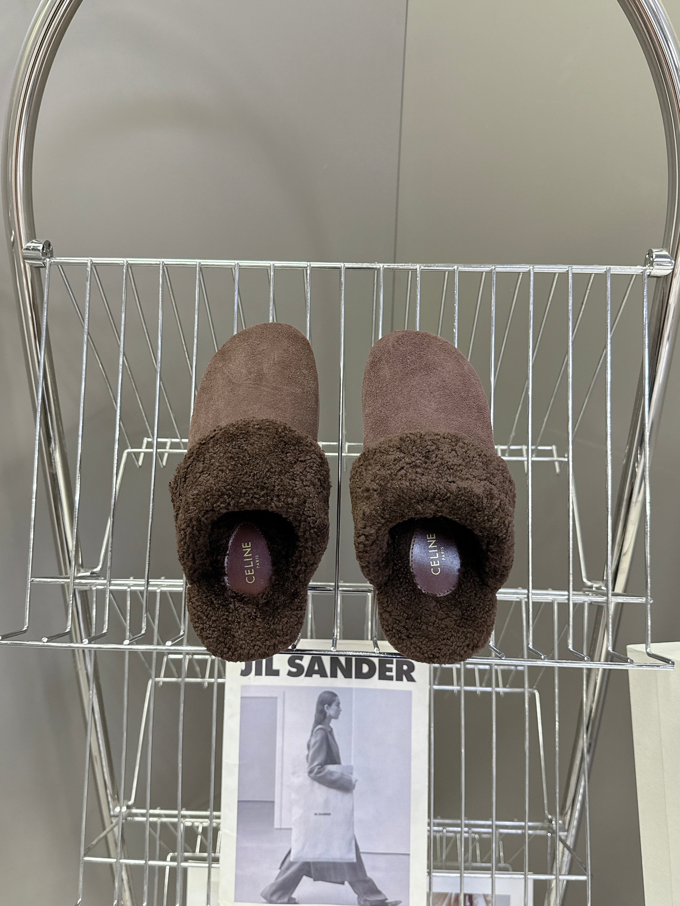CELINE 26S WEDGE MULES IN PLUM BROWN SUEDE AND WOOL