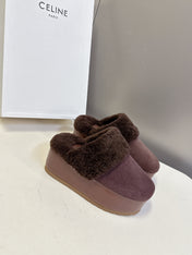 CELINE 26S WEDGE MULES IN PLUM BROWN SUEDE AND WOOL