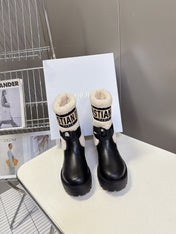 DIOR 25S D-MAJOR ANKLE BOOTS IN BLACK LAMBSKIN AND CREAM WHITE WOOL