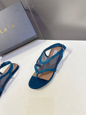 ALAIA 26S FLAT MESH THONG SANDALS IN PETROL BLUE SUEDE