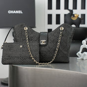 CHANEL 25S SHOULDER BAG 32 IN BLACK RAFFIA AND CALFSKIN GOLD HARDWARE