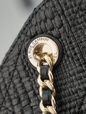 CHANEL 25S SHOULDER BAG 32 IN BLACK RAFFIA AND CALFSKIN GOLD HARDWARE