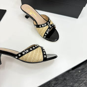 CC HIGH HEEL 25S 50 MM IN BEIGE RAFFIA AND BLACK CALFSKIN WITH CRYSTALS