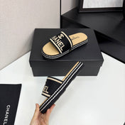 CC SLIDE SANDALS 25S IN BEIGE CALFSKIN MIX BLACK FABRIC