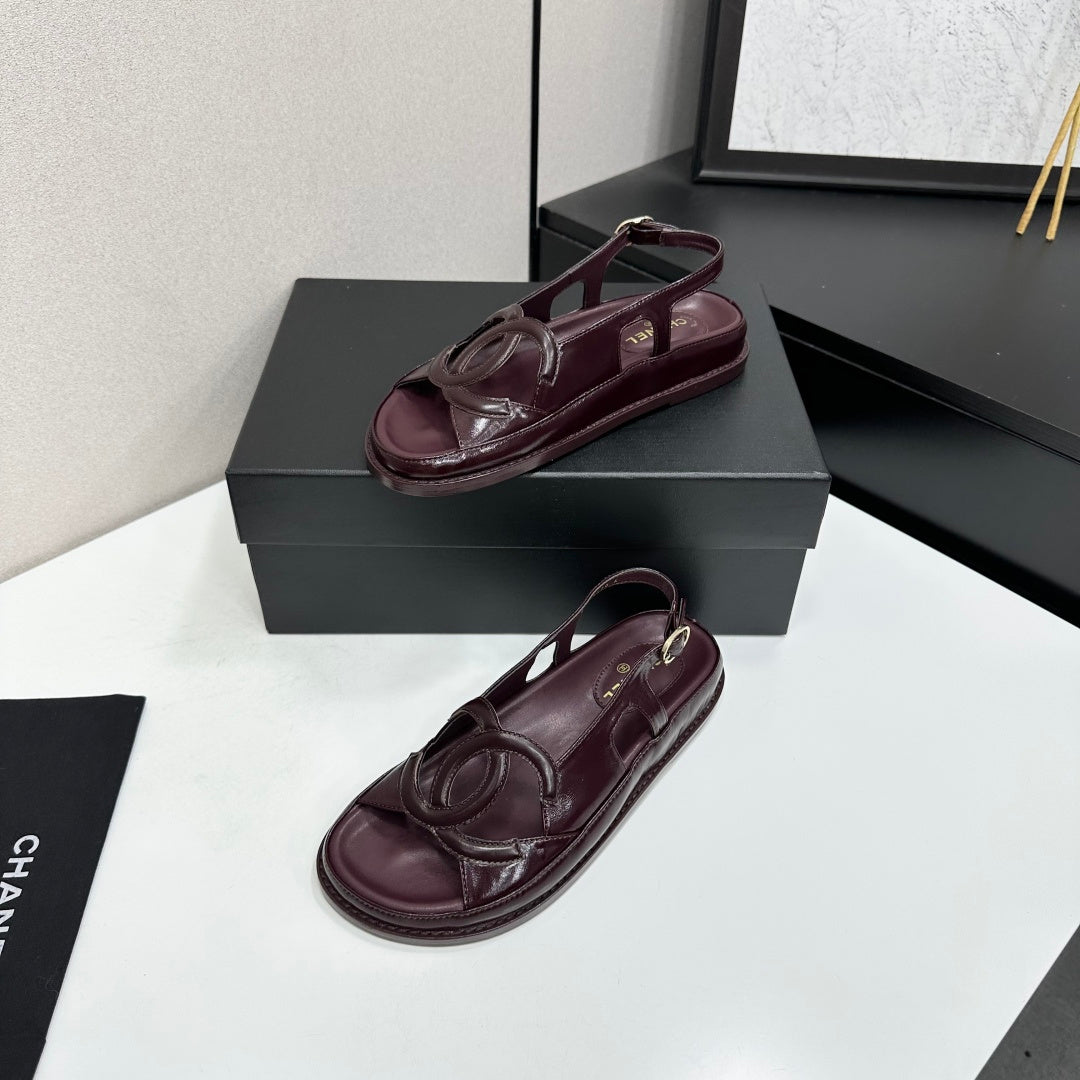 CHANEL 26S FLAT SANDALS IN BURGUNDY LAMBSKIN