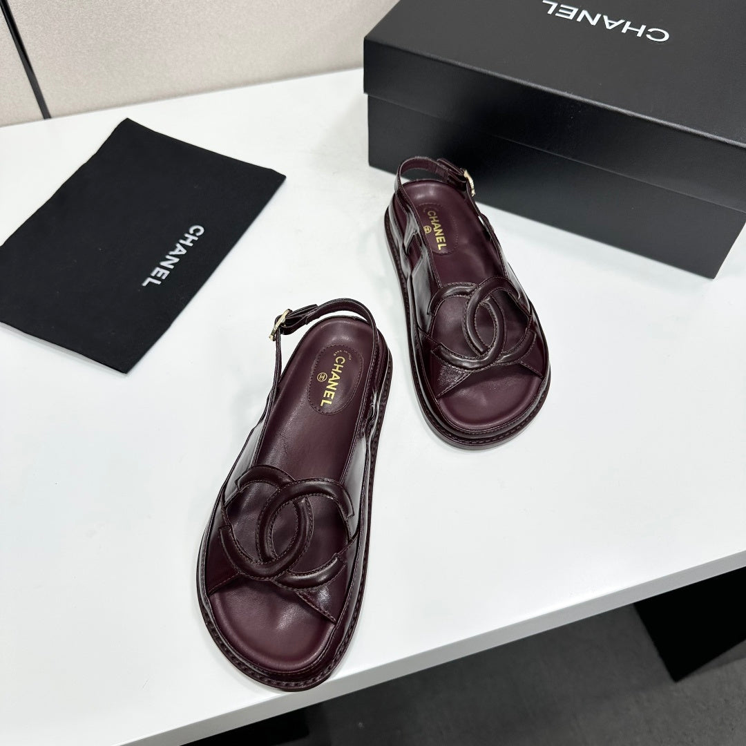 CHANEL 26S FLAT SANDALS IN BURGUNDY LAMBSKIN