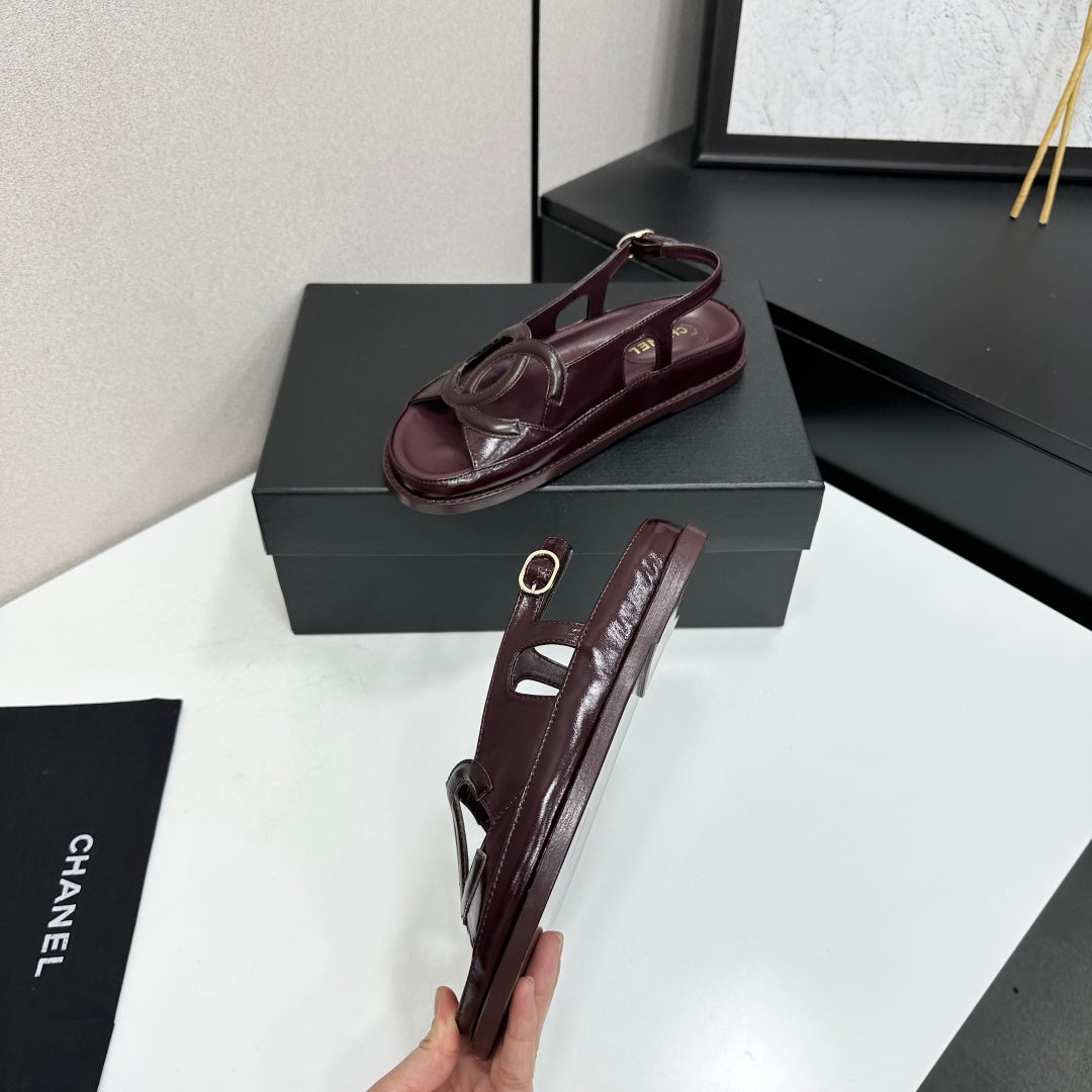 CHANEL 26S FLAT SANDALS IN BURGUNDY LAMBSKIN